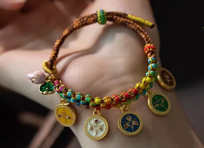 藏式编织五路财神手绳桃花手链民族风复古唐卡手串